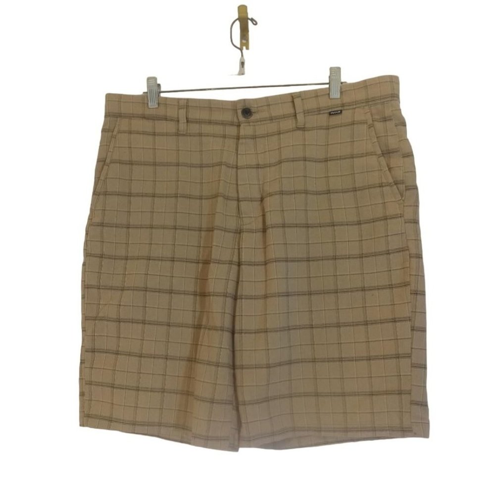 HURLEY Bermuda Chino Shorts Men's Size 34 Brown Black Plaid Pockets Button Zippe